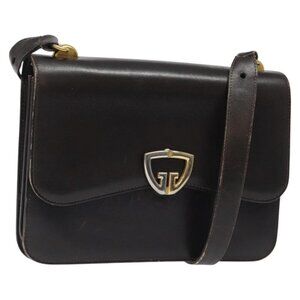 GUCCI Shoulder Bag Leather Brown Gold Auth